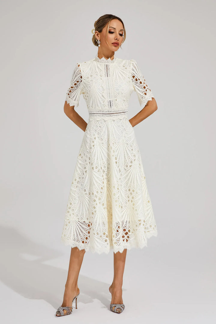 Women's Midi Lace Dress with High Neck & Short Sleeves | A Line