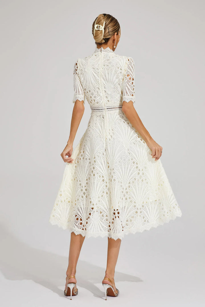 Women's Midi Lace Dress with High Neck & Short Sleeves | A Line