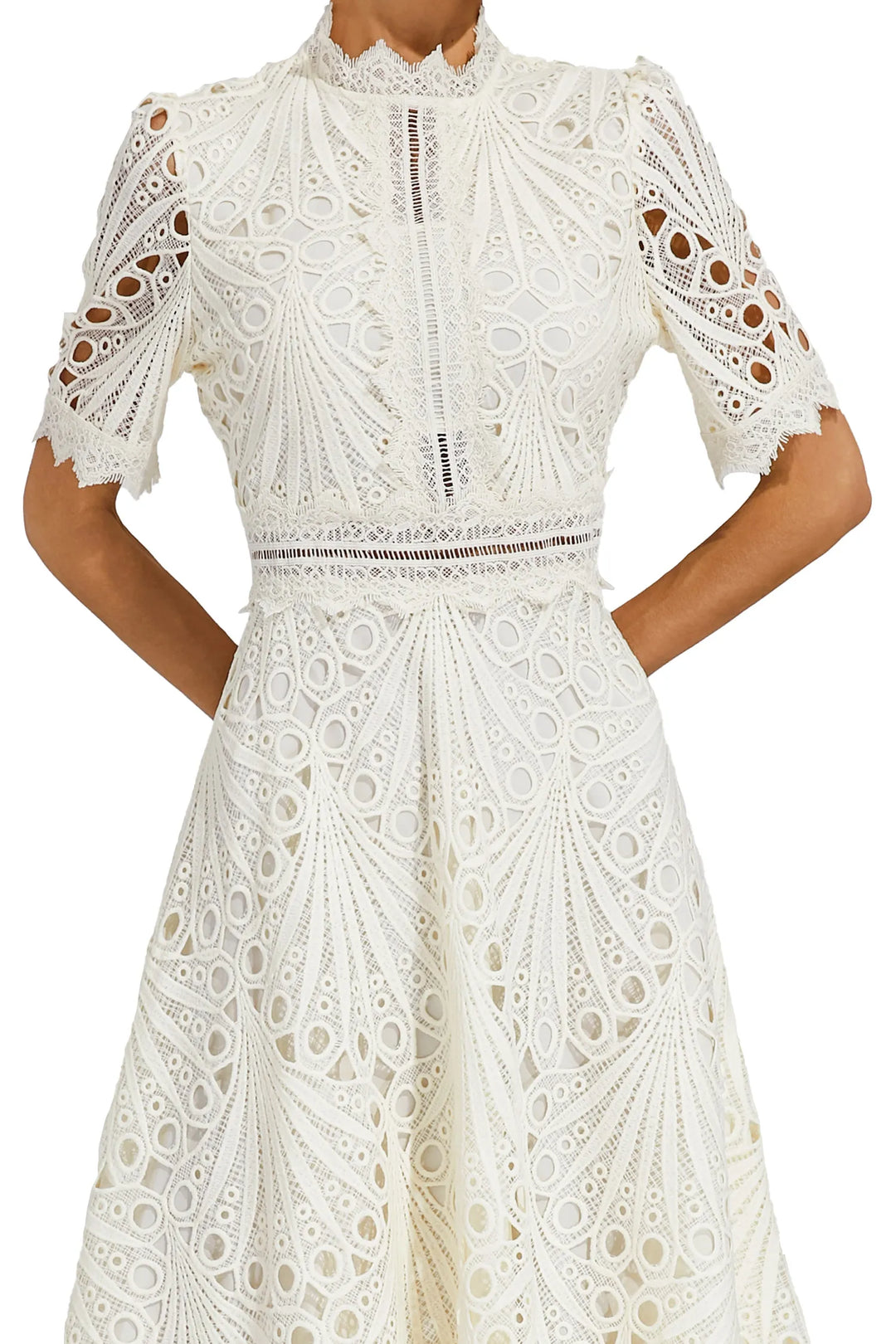 Women's Midi Lace Dress with High Neck & Short Sleeves | A Line