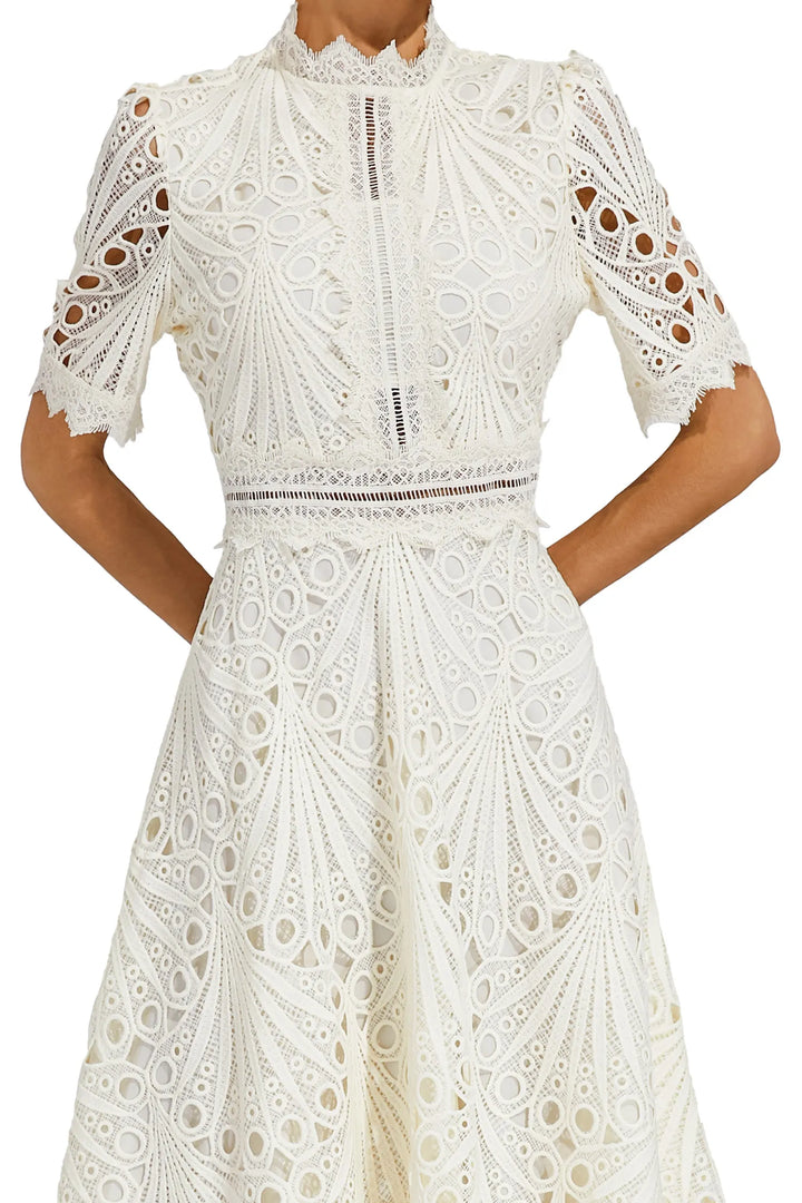 Women's Midi Lace Dress with High Neck & Short Sleeves | A Line