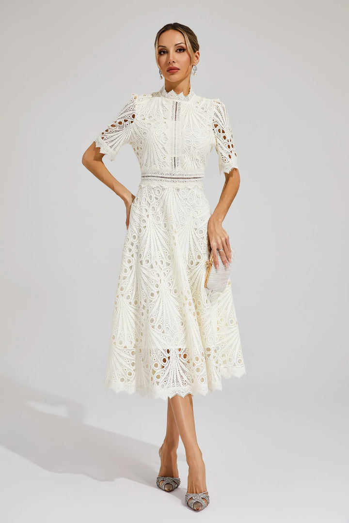 Women's Midi Lace Dress with High Neck & Short Sleeves | A Line
