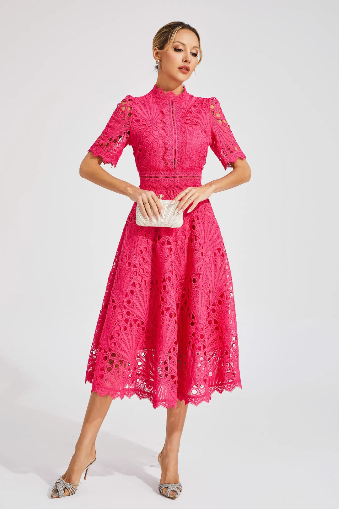 Women's Midi Lace Dress with High Neck & Short Sleeves | A Line