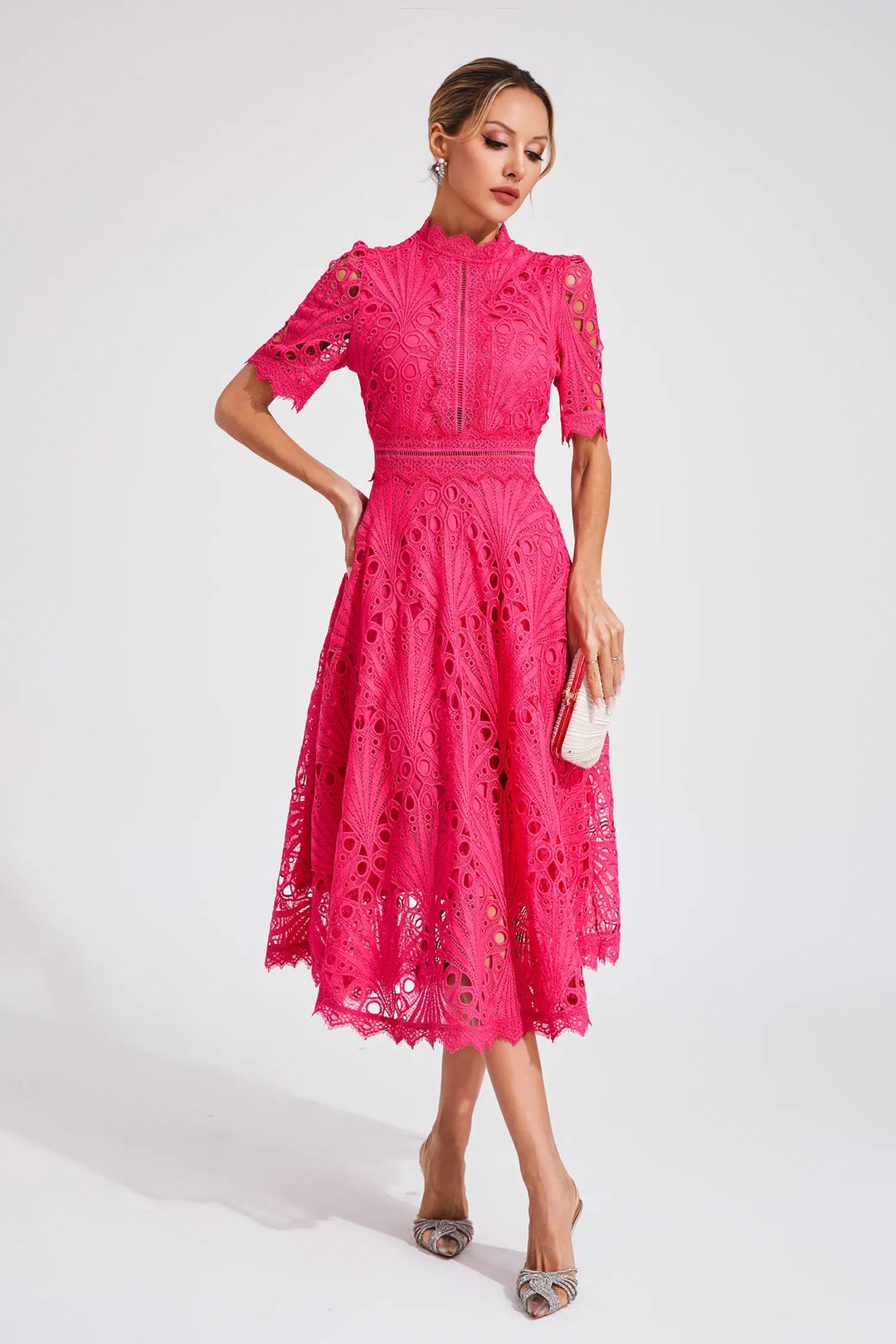 Women's Midi Lace Dress with High Neck & Short Sleeves | A Line