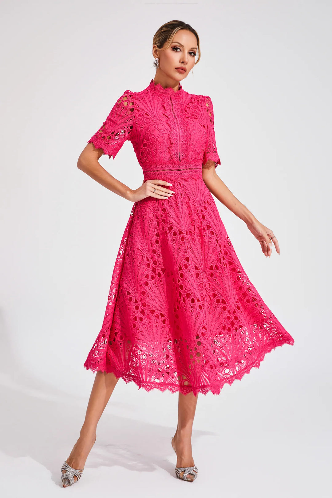 Women's Midi Lace Dress with High Neck & Short Sleeves | A Line