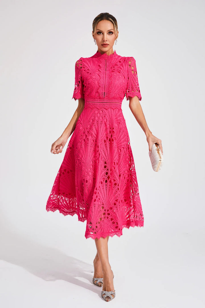 Women's Midi Lace Dress with High Neck & Short Sleeves | A Line