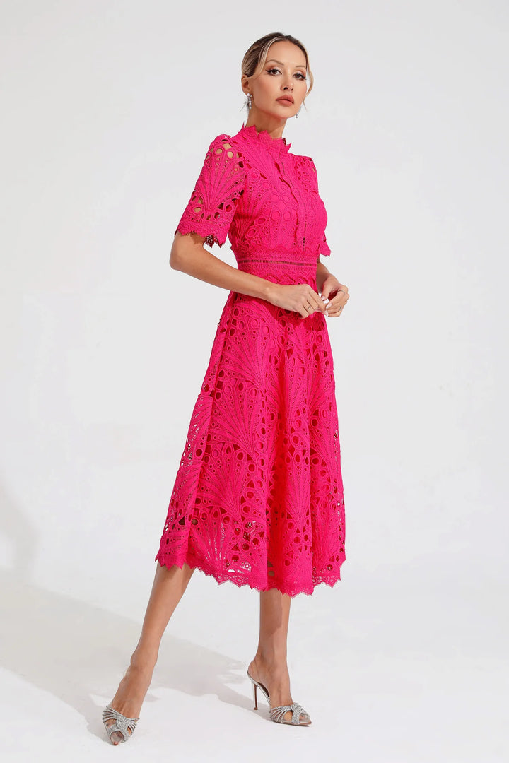 Women's Midi Lace Dress with High Neck & Short Sleeves | A Line