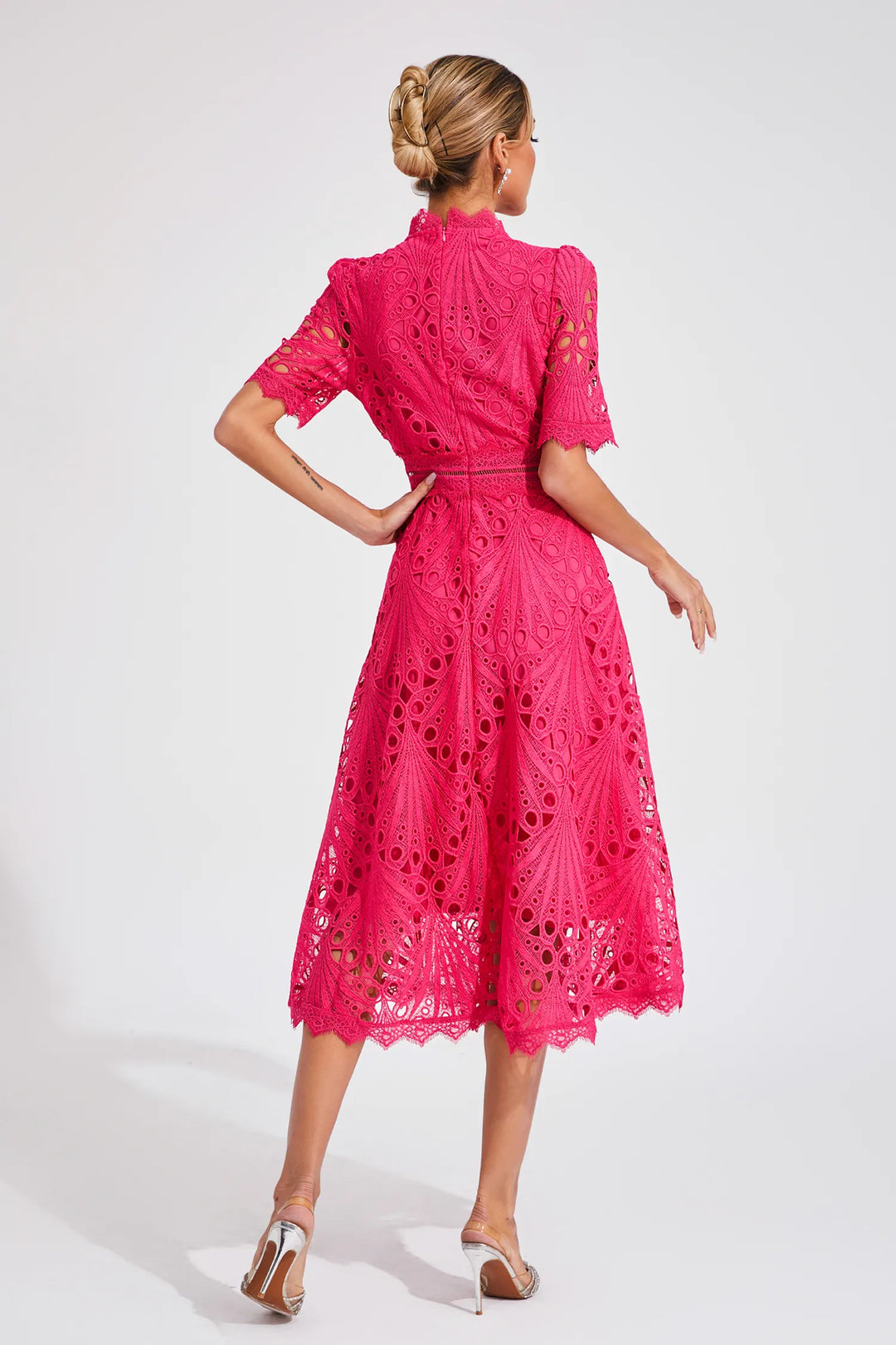 Women's Midi Lace Dress with High Neck & Short Sleeves | A Line