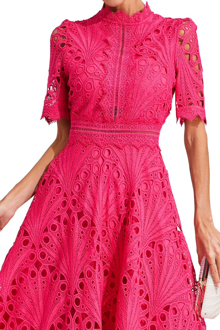 Women's Midi Lace Dress with High Neck & Short Sleeves | A Line