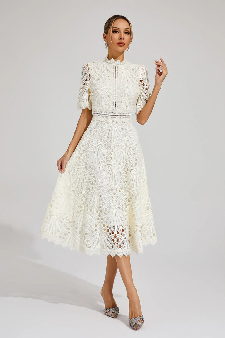 Women's Midi Lace Dress with High Neck & Short Sleeves | A Line