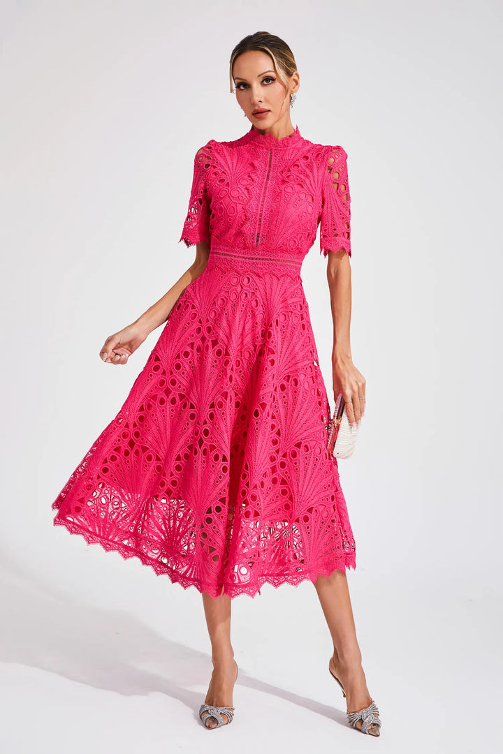 Women's Midi Lace Dress with High Neck & Short Sleeves | A Line