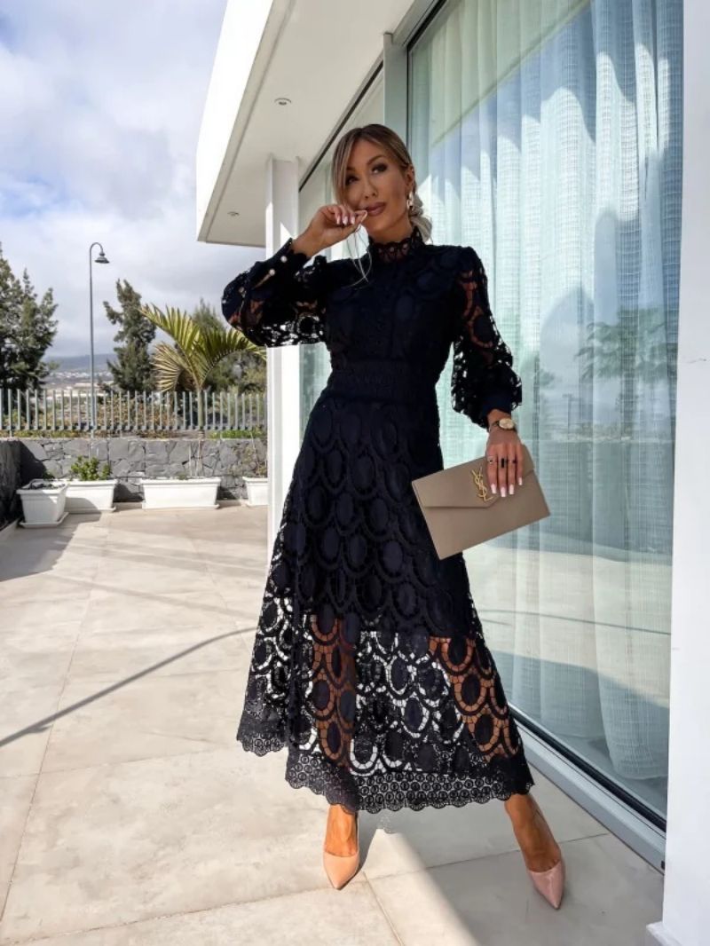Pia | Women's Long Sleeve Lace Midi Dress | High Neck Wedding Guest