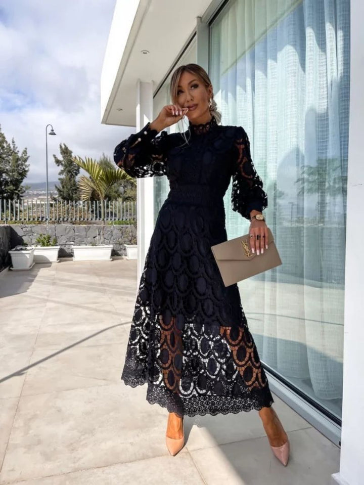 Pia | Women's Long Sleeve Lace Midi Dress | High Neck Wedding Guest
