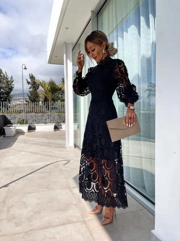 Pia | Women's Long Sleeve Lace Midi Dress | High Neck Wedding Guest