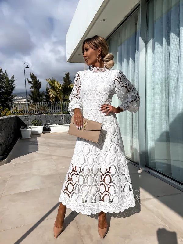 Pia | Women's Long Sleeve Lace Midi Dress | High Neck Wedding Guest
