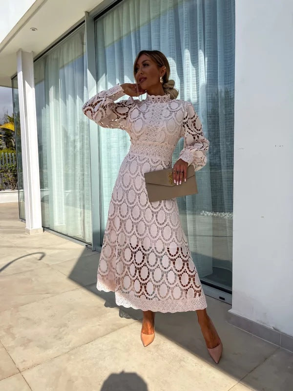 Pia | Women's Long Sleeve Lace Midi Dress | High Neck Wedding Guest
