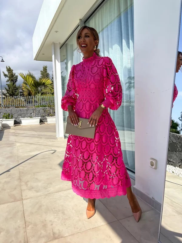 Pia | Women's Long Sleeve Lace Midi Dress | High Neck Wedding Guest