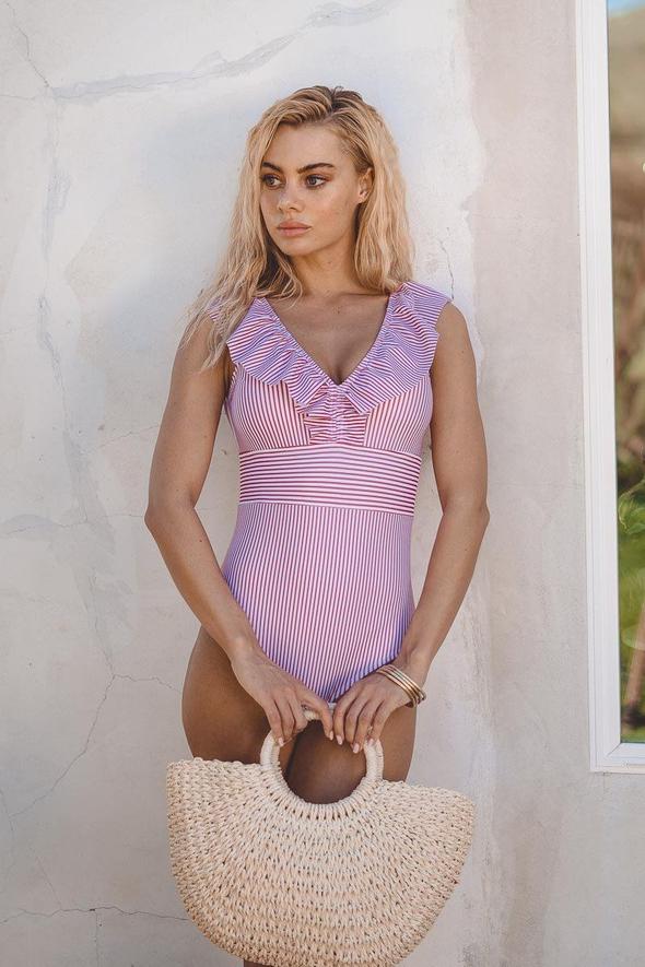 Rhode | Women's One Piece Swimsuit | Striped V-Neck Ruffle
