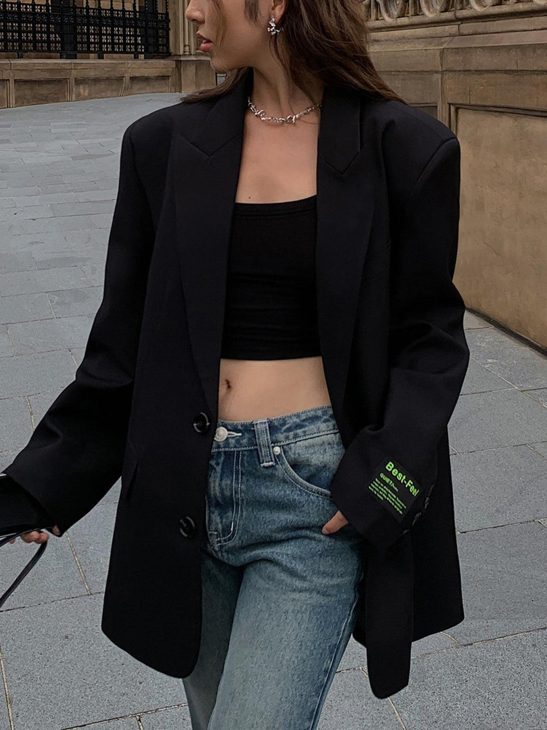 Lysippe | Women's Oversized Blazer | Peak Lapel Button Front Long