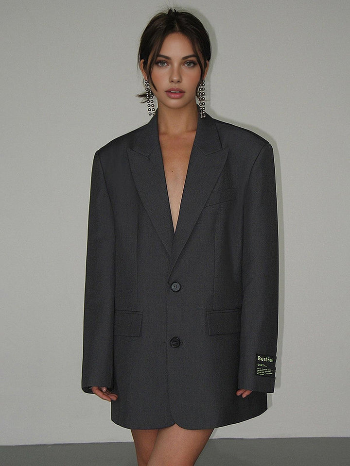 Lysippe | Women's Oversized Blazer | Peak Lapel Button Front Long