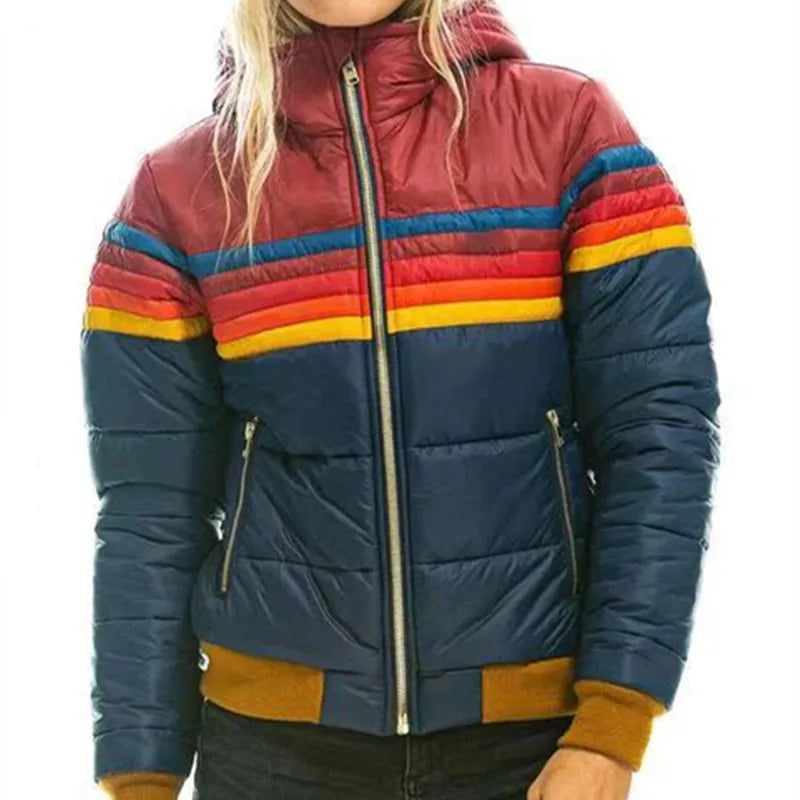 Astrith | Women's Hooded Striped Puffer Jacket | Retro
