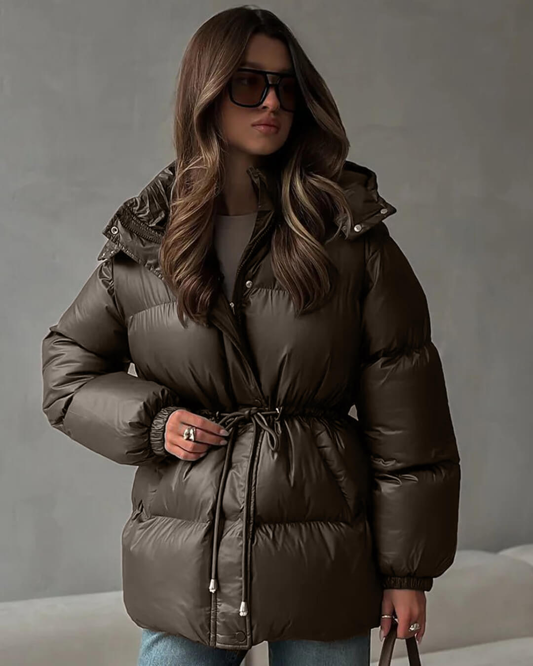 Tess | Women's Puffer Jacket | Hood & Drawstring Waist Zip Up
