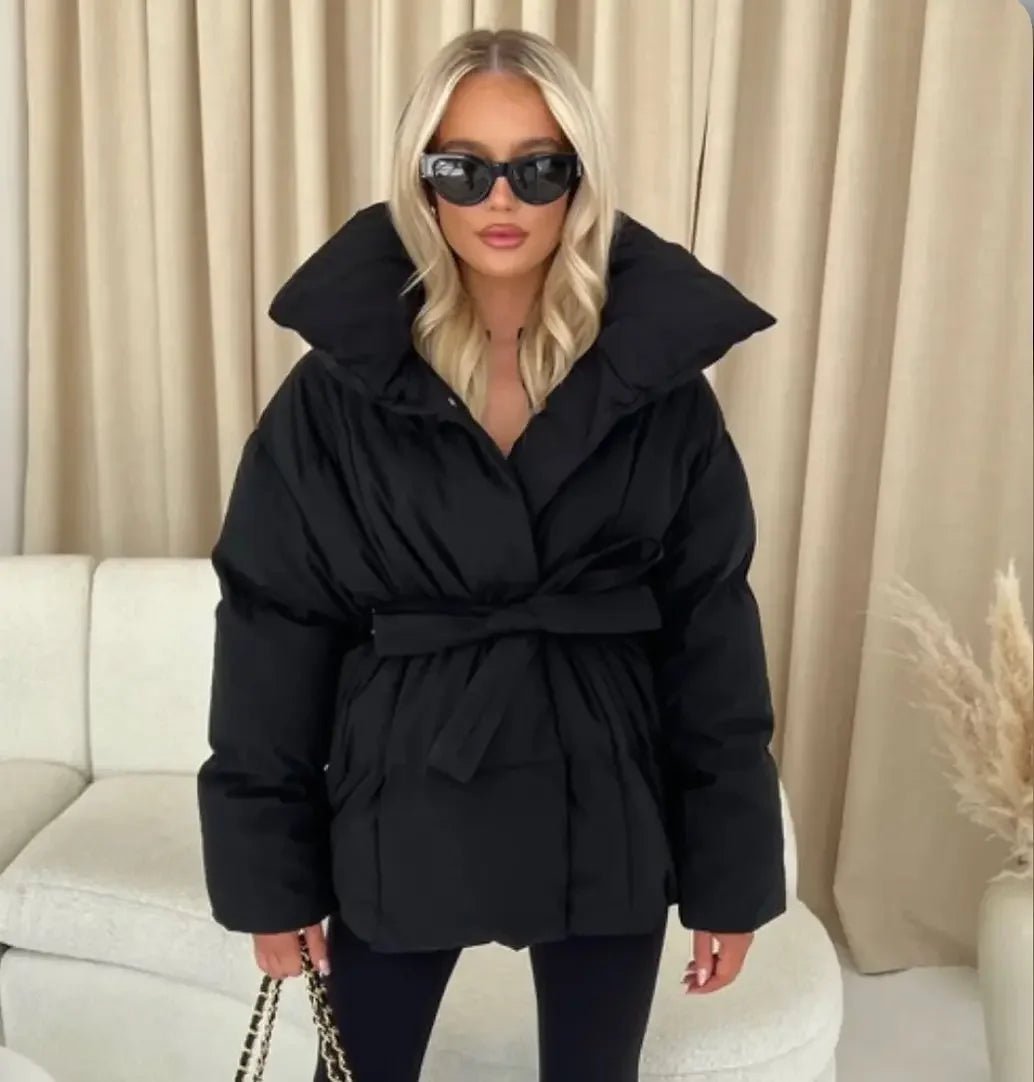 Tanvi | Women's Oversized Puffer Jacket | Tie Belt High Collar