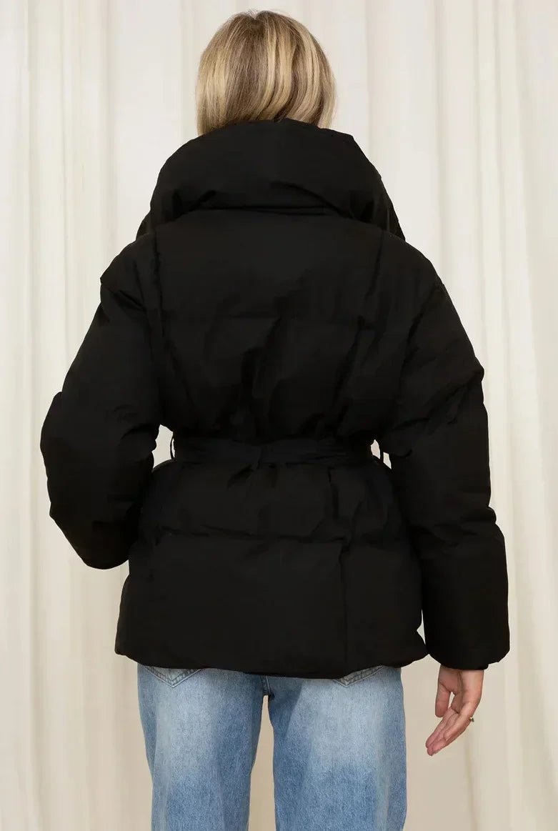 Tanvi | Women's Oversized Puffer Jacket | Tie Belt High Collar