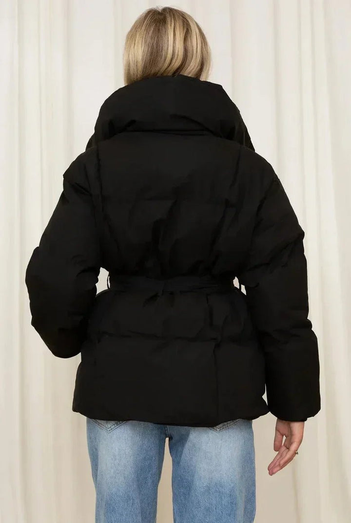 Tanvi | Women's Oversized Puffer Jacket | Tie Belt High Collar