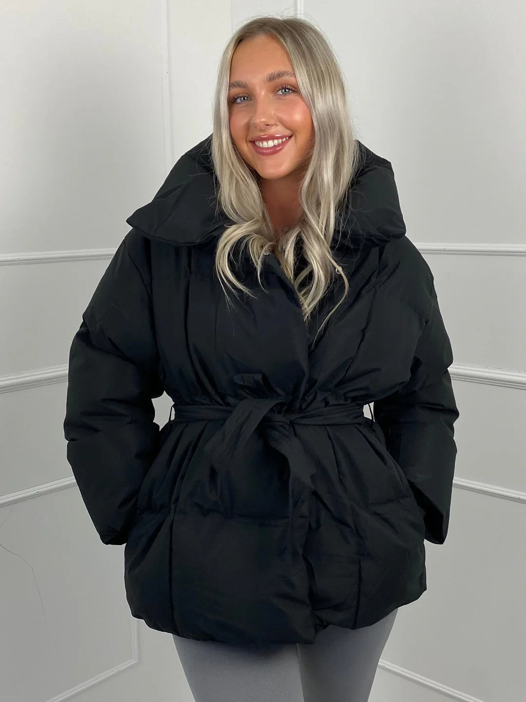 Tanvi | Women's Oversized Puffer Jacket | Tie Belt High Collar