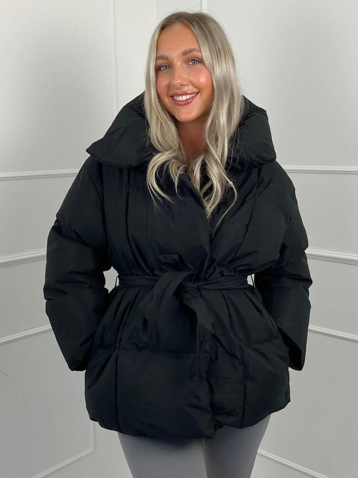Tanvi | Women's Oversized Puffer Jacket | Tie Belt High Collar