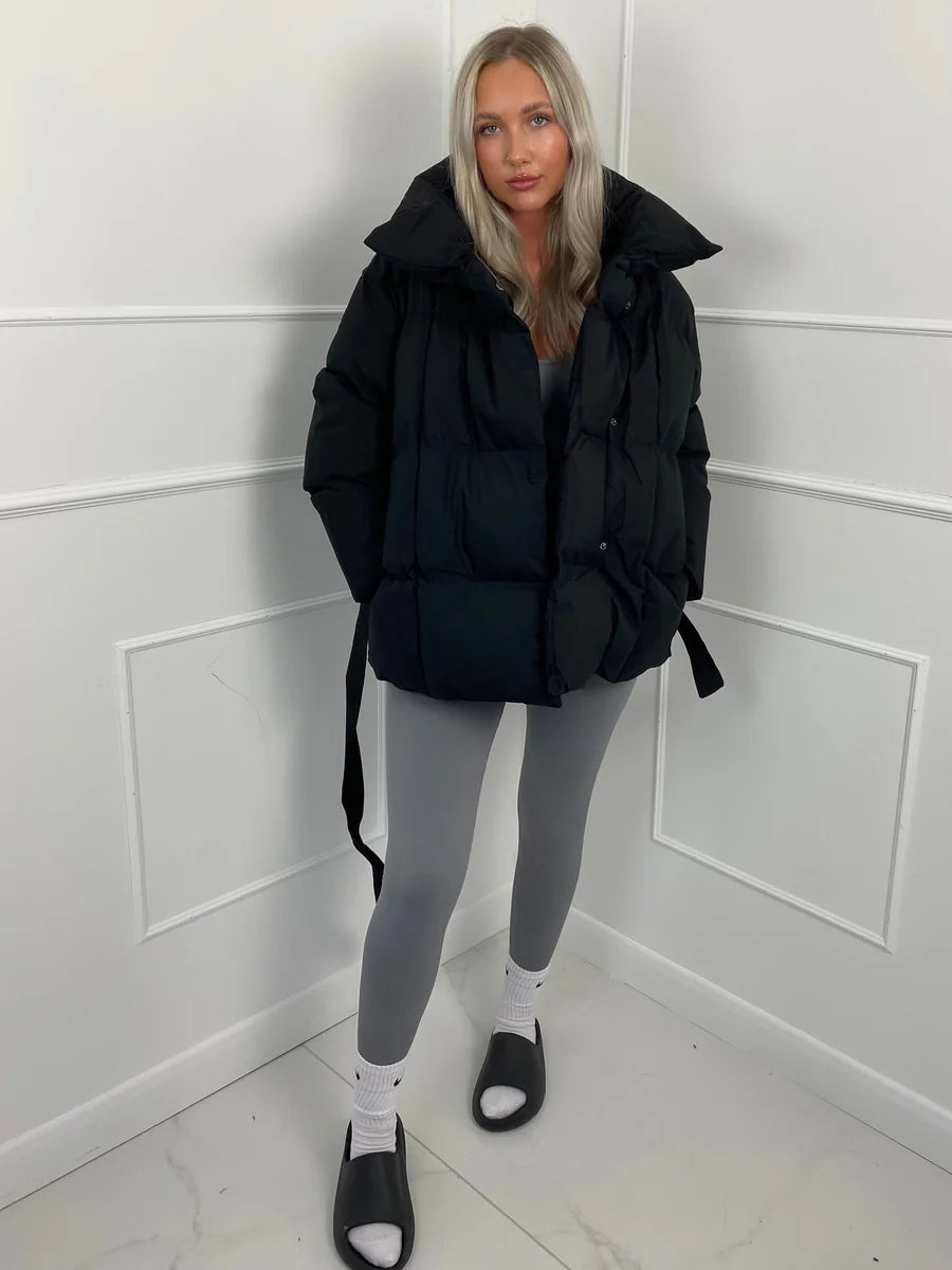 Tanvi | Women's Oversized Puffer Jacket | Tie Belt High Collar