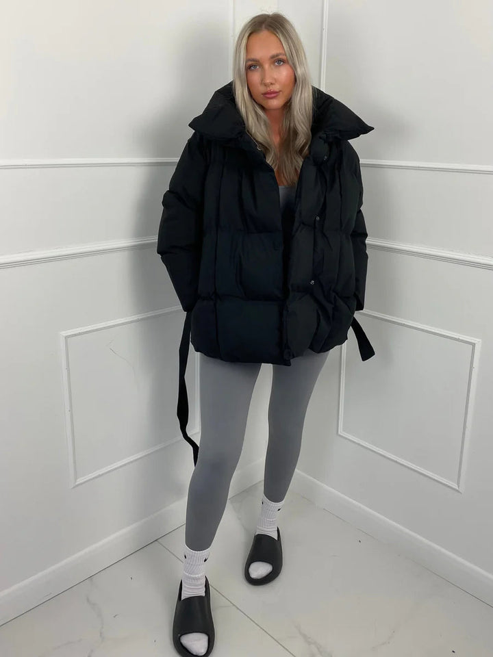 Tanvi | Women's Oversized Puffer Jacket | Tie Belt High Collar
