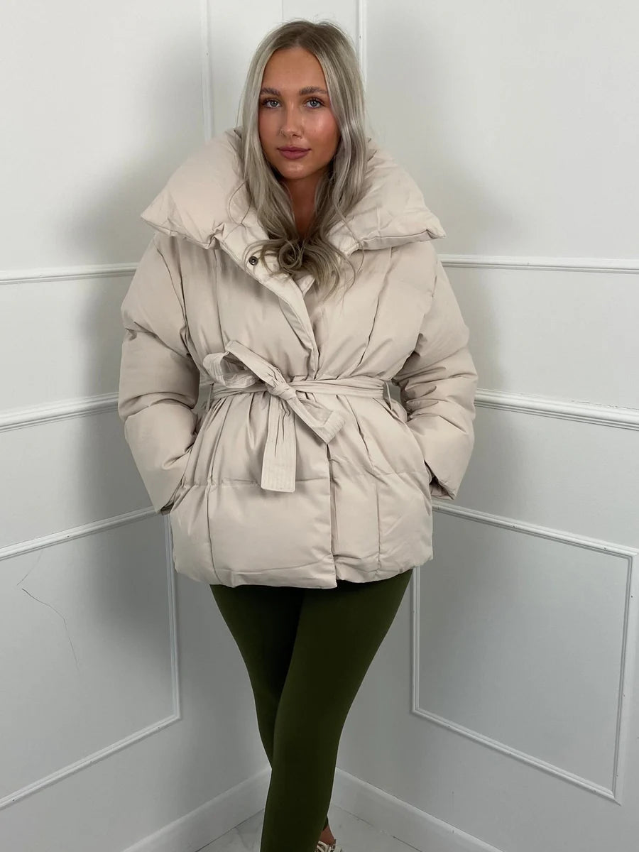 Tanvi | Women's Oversized Puffer Jacket | Tie Belt High Collar