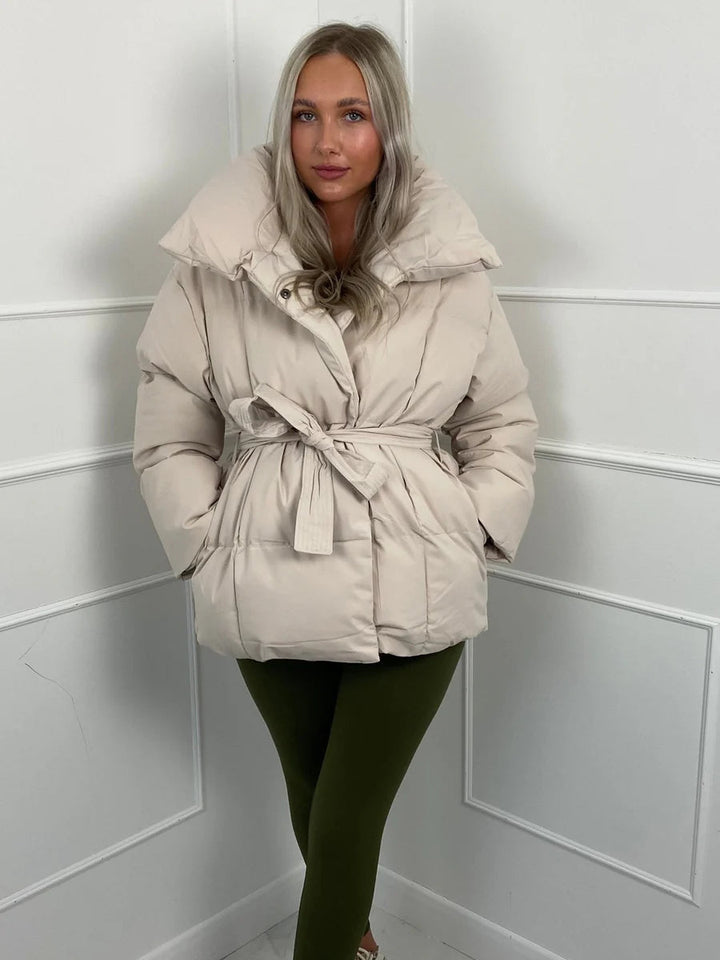 Tanvi | Women's Oversized Puffer Jacket | Tie Belt High Collar