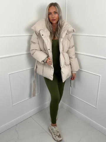Tanvi | Women's Oversized Puffer Jacket | Tie Belt High Collar