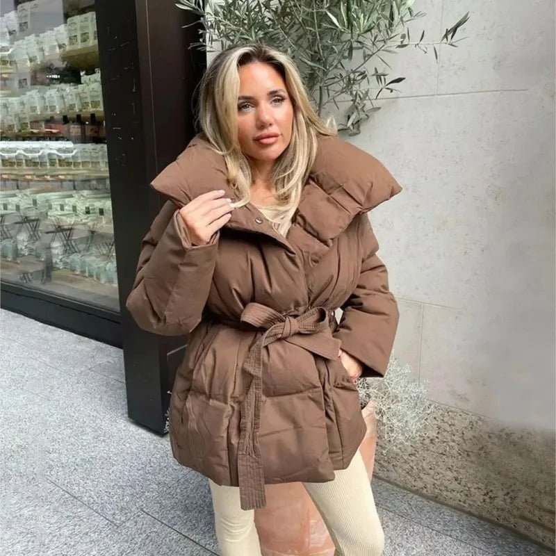 Tanvi | Women's Oversized Puffer Jacket | Tie Belt High Collar