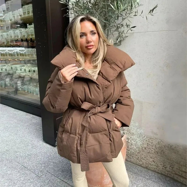 Tanvi | Women's Oversized Puffer Jacket | Tie Belt High Collar