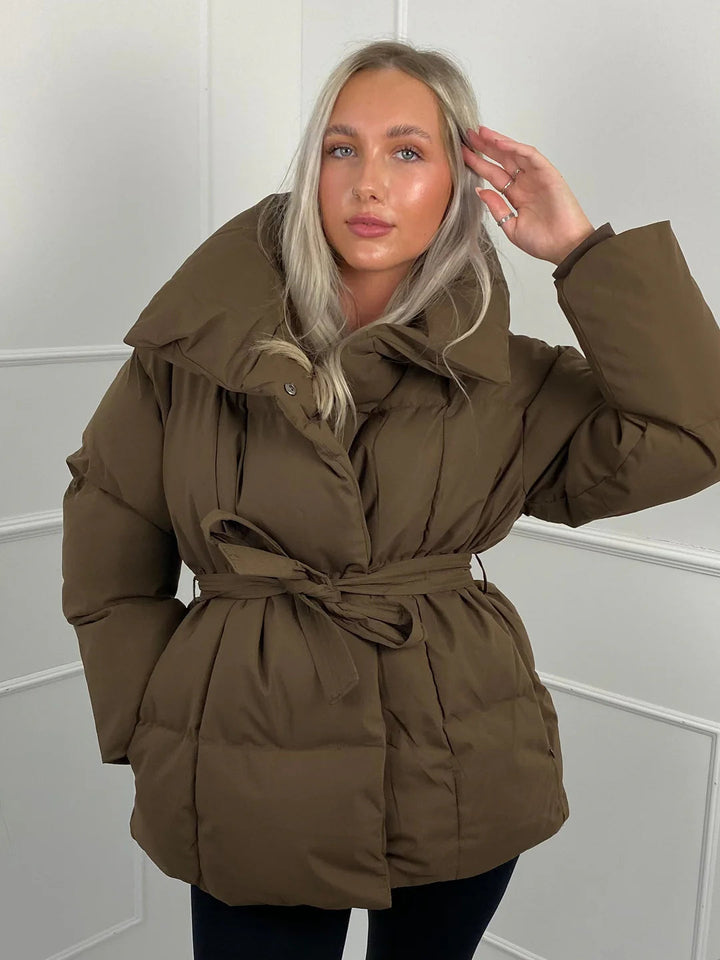 Tanvi | Women's Oversized Puffer Jacket | Tie Belt High Collar