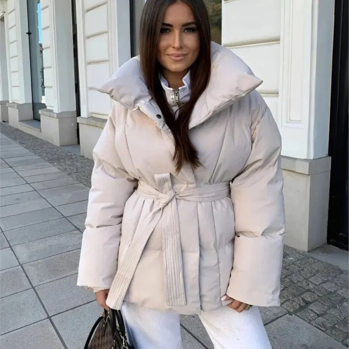 Tanvi | Women's Oversized Puffer Jacket | Tie Belt High Collar