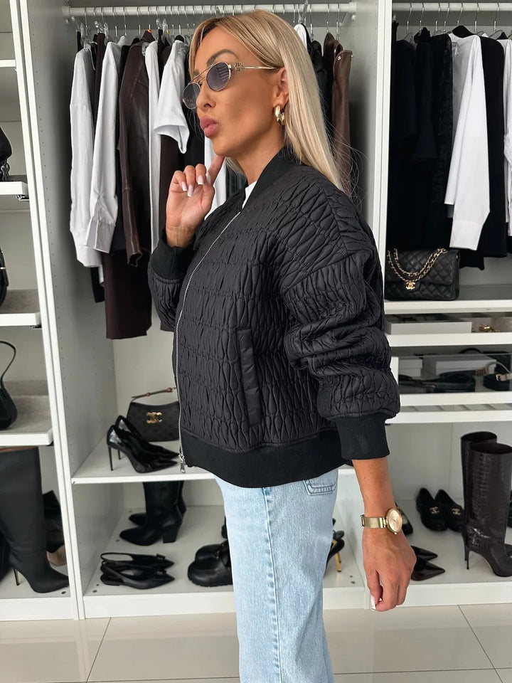 Michiko | Women's Quilted Bomber Jacket | Ribbed Trim Zip Up
