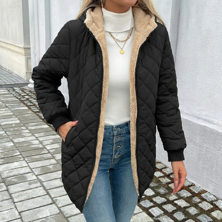 Leofgifu | Women's Long Hooded Quilted Coat | Padded Zip