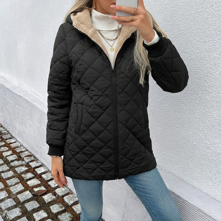 Leofgifu | Women's Long Hooded Quilted Coat | Padded Zip