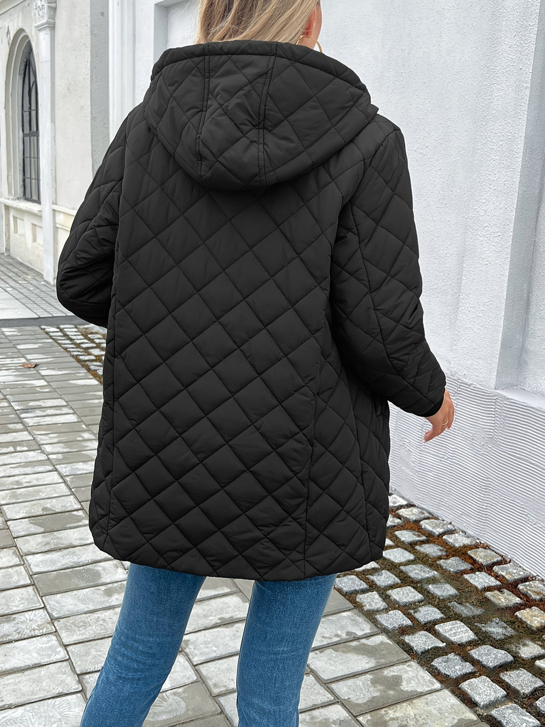 Leofgifu | Women's Long Hooded Quilted Coat | Padded Zip