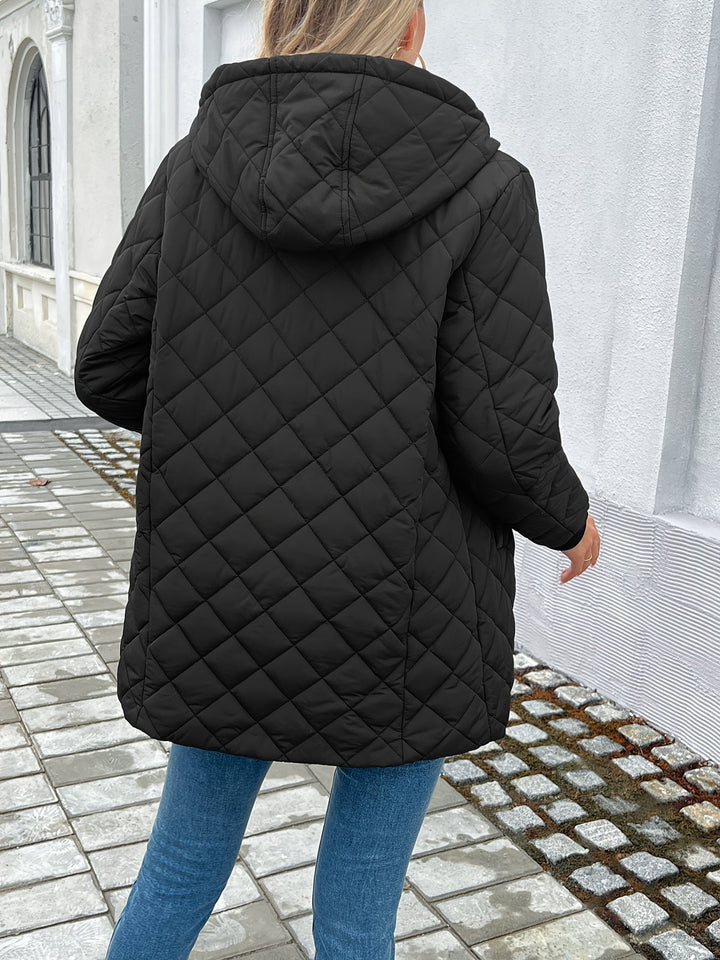 Leofgifu | Women's Long Hooded Quilted Coat | Padded Zip