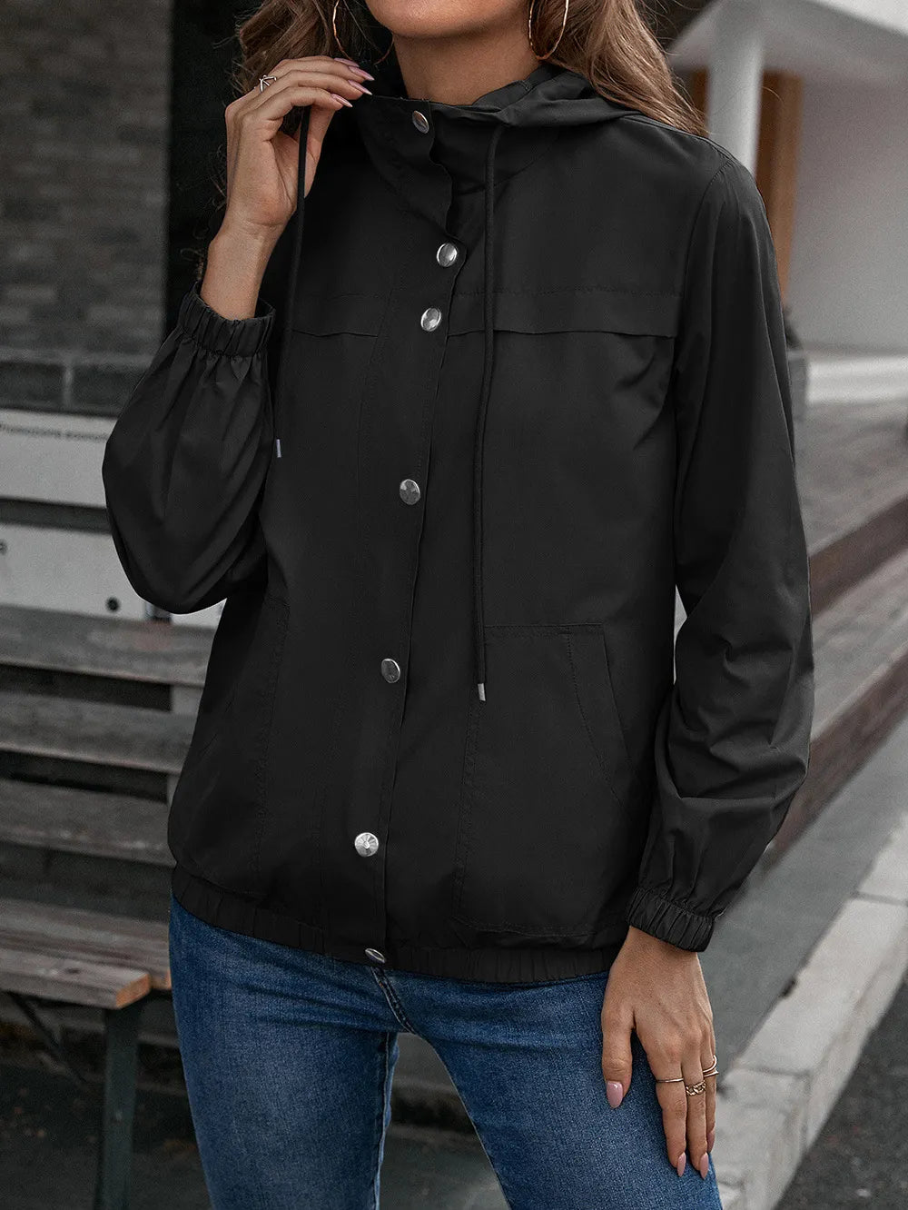 Fatma | Women's Rain Jacket | Hood Button Front Elastic Hem