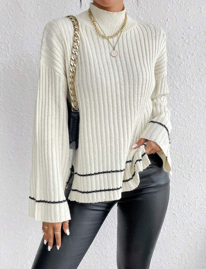 Sigrun | Women's Ribbed Knit Jumper | Contrast Stripe Flare Sleeves