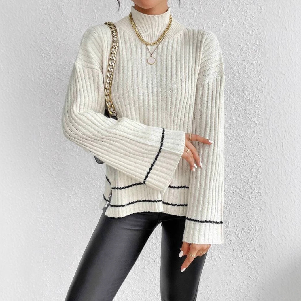 Sigrun | Women's Ribbed Knit Jumper | Contrast Stripe Flare Sleeves