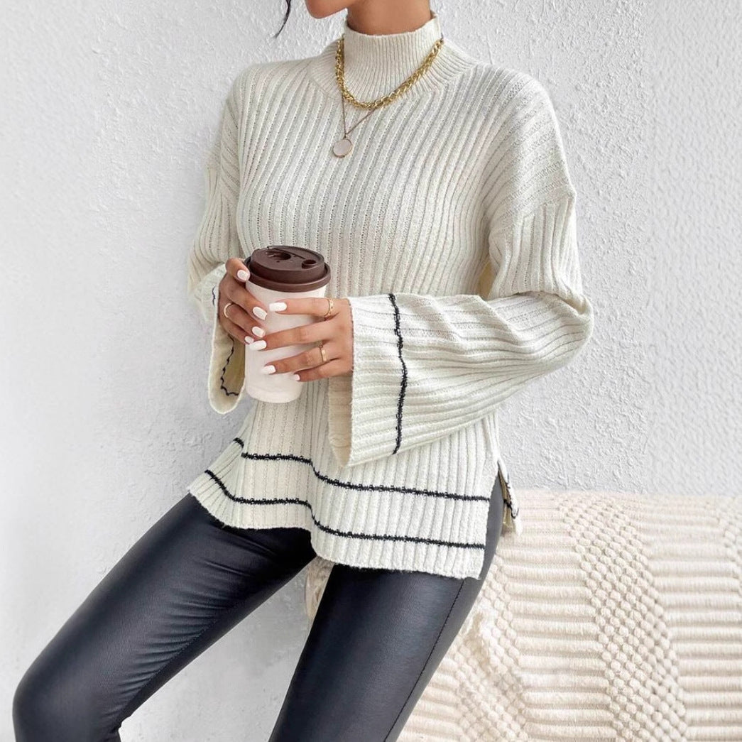 Sigrun | Women's Ribbed Knit Jumper | Contrast Stripe Flare Sleeves