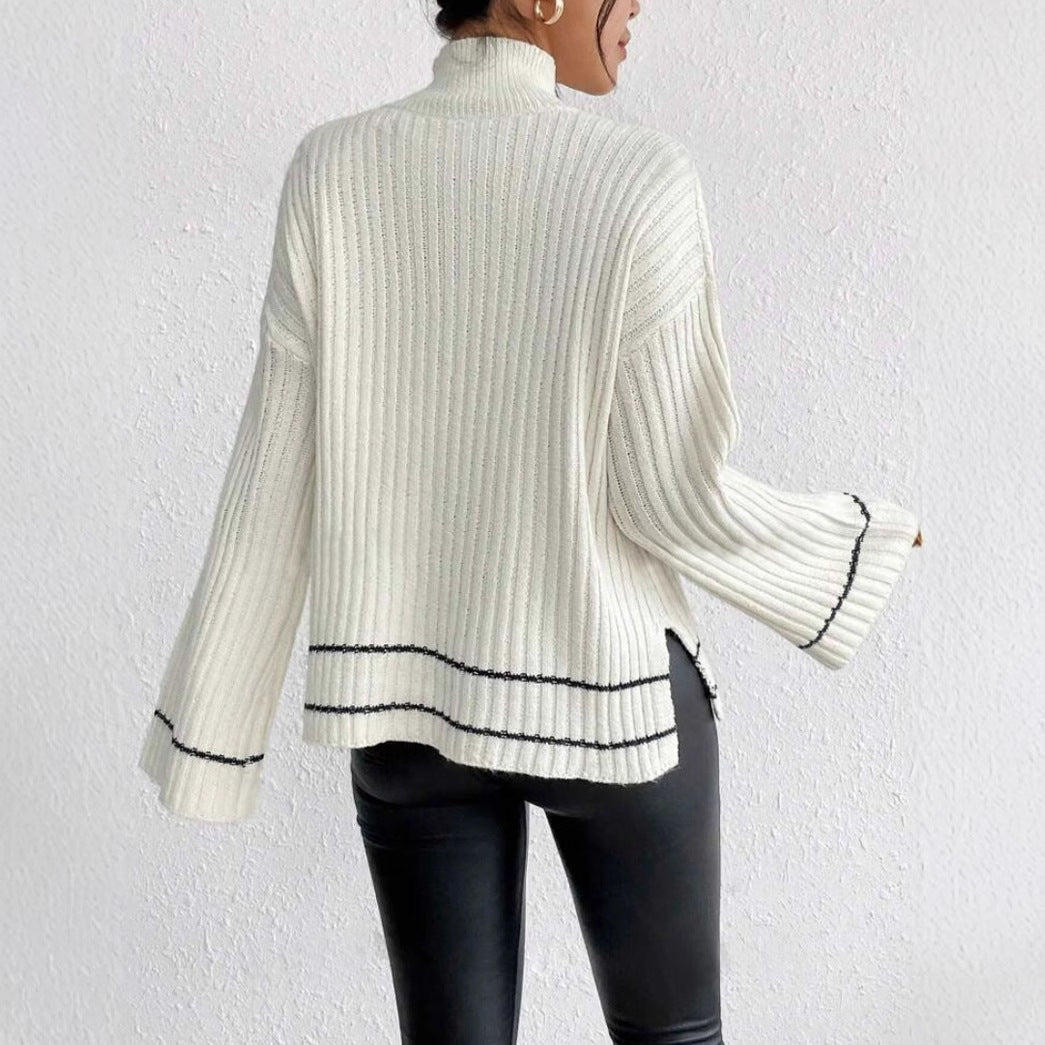 Sigrun | Women's Ribbed Knit Jumper | Contrast Stripe Flare Sleeves