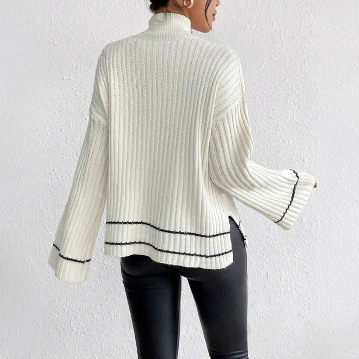 Sigrun | Women's Ribbed Knit Jumper | Contrast Stripe Flare Sleeves